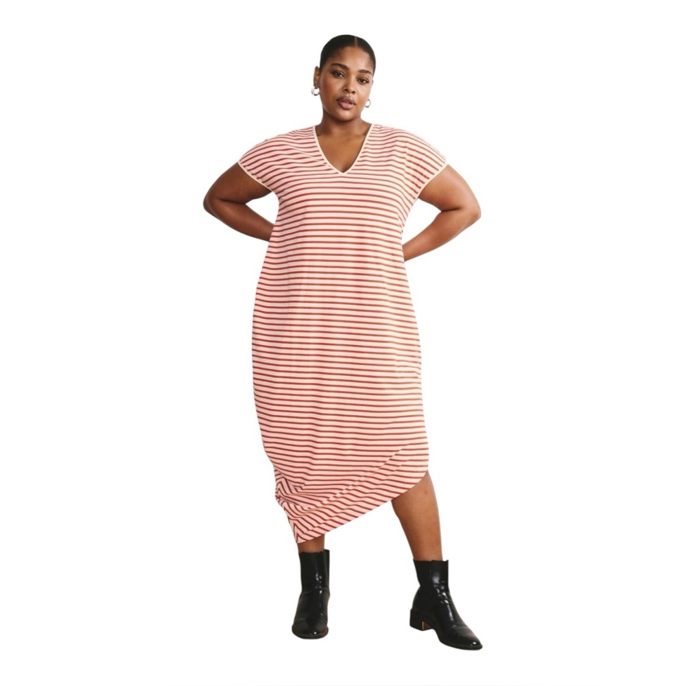 Universal Standard Iconic Geneva V-Neck Dress In Ecru Poppy Stripe New